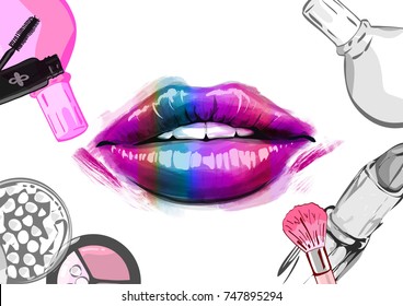 .Vector hand drawn illustration of colorful women lips and makeup brushes. Concept for beauty salon, cosmetics label, cosmetology procedures, visage and makeup.