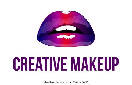 Vector hand drawn illustration of colorful women lips and makeup inscription creative makeup. Concept for beauty salon, cosmetics label, cosmetology procedures, visage and makeup artist.
