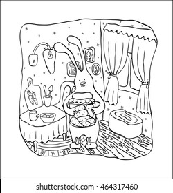 Vector hand drawn illustration. A coloring page for children. A cooking hare.