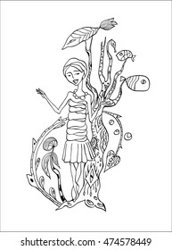 Vector hand drawn illustration. Coloring page. African woman.