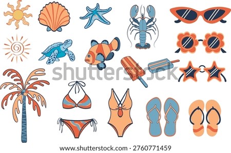 Vector Hand drawn illustration colourful  of summer ,coastal ,Graphic elements background. 
