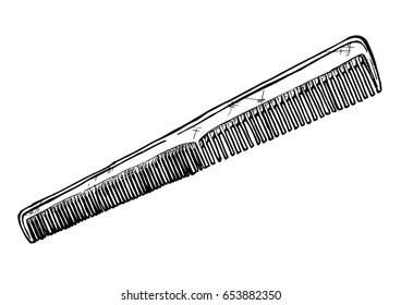 Vector hand drawn illustration of comb in vintage engraved style. isolated on white background. Side view.