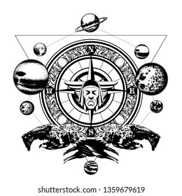 Vector hand drawn illustration of compass with mask, eagles and planets isolated. Creative tattoo artwork. Template for card, poster. banner, print for t-shirt, pin, badge, patch.