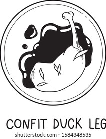 Vector hand drawn illustration of Confit duck leg. French cuisine, traditional food, flat and cartoon style, isolated on white background. For menu, restaurants, cafe, market, print design.