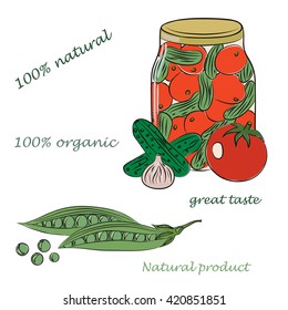 Vector hand drawn illustration of conservation, tomatoes, cucumbers, garlic