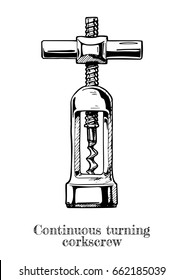 Vector hand drawn illustration of continuous turning corkscrew in vintage engraved style on white background.