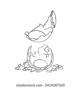 Vector Hand drawn illustration of a contour, set of eggs, whole and broken chicken eggs. Blank for designer, logo, icon, label. Isolated on a white background