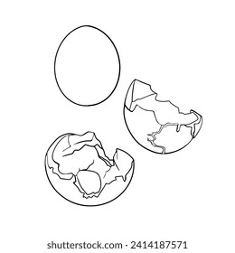Vector Hand drawn illustration of a contour, set of eggs, whole and broken chicken eggs. Blank for designer, logo, icon, label. Isolated on a white background