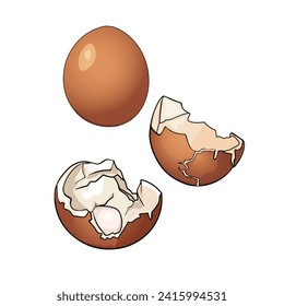 Vector Hand dibujó la ilustración de un contorno, conjunto de huevos, huevos de pollo enteros y rotos. En blanco para diseñador, logotipo, icono, etiqueta. Aislado sobre un fondo blanco