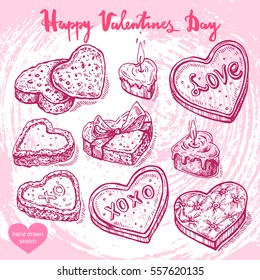 Vector hand drawn illustration of cookies,candles,text Happy Valentines Day on background with abstract paper texture.Valentines heart shaped cookie sketch.Linear art in vintage style for design.