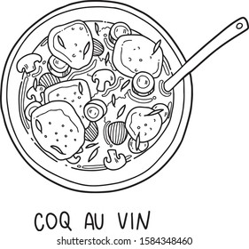 Vector hand drawn illustration of Coq au Vin. French cuisine, traditional dish. Flat and cartoon style, isolated on white background. For menu, restaurants, cafe, market, print design.