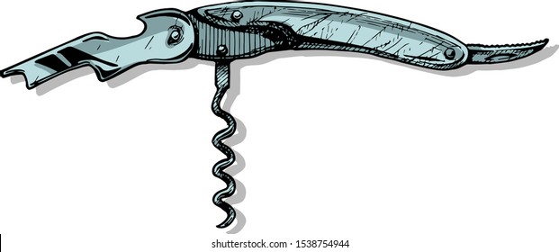Vector hand drawn illustration of corkscrew. Sommelier knife in vintage engraved style on white background.