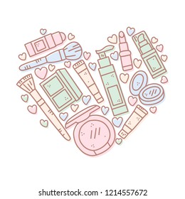 Vector hand drawn illustration of cosmetics in the shape of a heart. Design for poster and card