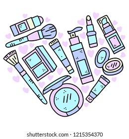Vector hand drawn illustration of cosmetics in the shape of a heart. Design for poster and card