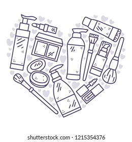 Vector hand drawn illustration of cosmetics in the shape of a heart. Design for poster and card