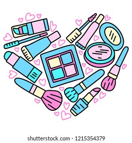 Vector hand drawn illustration of cosmetics in the shape of a heart. Design for poster and card