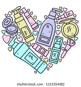 Vector hand drawn illustration of cosmetics in the shape of a heart. Design for poster and card