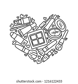 Vector hand drawn illustration of cosmetics in the shape of a heart. Design for poster and card