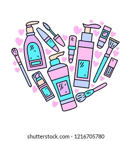 Vector hand drawn illustration of cosmetics in the shape of a heart. Design for poster and card