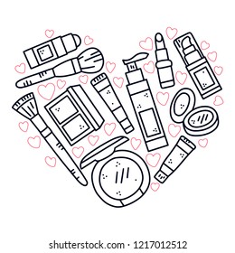 Vector hand drawn illustration of cosmetics in the shape of a heart. Design for poster and card