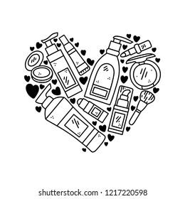 Vector hand drawn illustration of cosmetics in the shape of a heart. Design for poster and card