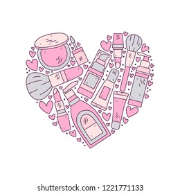 Vector hand drawn illustration of cosmetics in the shape of a heart. Design for poster and card