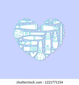 Vector hand drawn illustration of cosmetics in the shape of a heart. Design for poster and card