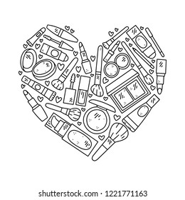 Vector hand drawn illustration of cosmetics in the shape of a heart. Design for poster and card