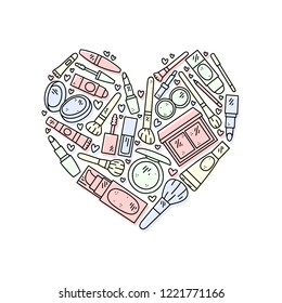 Vector hand drawn illustration of cosmetics in the shape of a heart. Design for poster and card