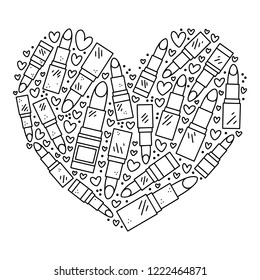 Vector hand drawn illustration of cosmetics in the shape of a heart. Design for poster and card