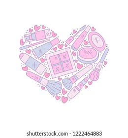 Vector hand drawn illustration of cosmetics in the shape of a heart. Design for poster and card