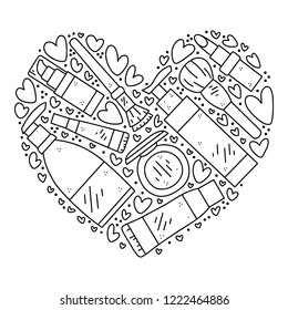 Vector hand drawn illustration of cosmetics in the shape of a heart. Design for poster and card
