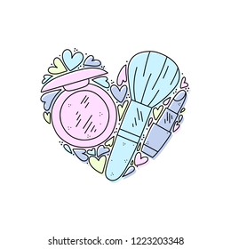 Vector hand drawn illustration of cosmetics in the shape of a heart. Design for poster and card
