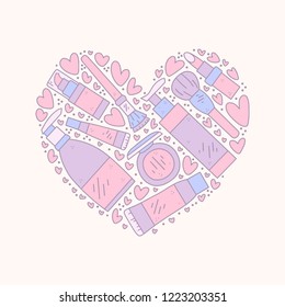 Vector hand drawn illustration of cosmetics in the shape of a heart. Design for poster and card