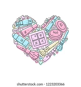 Vector hand drawn illustration of cosmetics in the shape of a heart. Design for poster and card