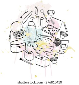 vector hand drawn illustration with hand drawn cosmetics