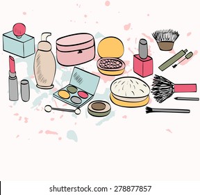 vector hand drawn illustration with hand drawn cosmetics