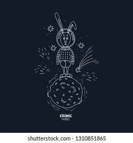 Vector hand drawn illustration with cosmic rabbit on blue background. Rabbit in a suit is on the planet, the stars Shine around.