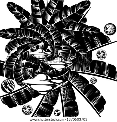 Vector hand drawn illustration of cosmic landscape with flying saucers and planets . Template for card, poster. banner, print for t-shirt, pin, badge, patch.