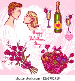 Vector hand drawn illustration of couple, bouquet of flowers, bottle of champagne, valentines gift on background with paper texture.Valentines kissing boy and girl sketch.Linear art in vintage style.