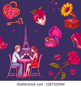 Vector hand drawn illustration of couple on the date, wedding rings, man and woman. French Effel Tower sketch. Seamless pattern. Linear art in vintage style for design.