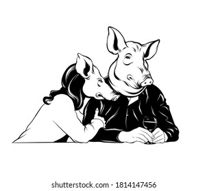  Vector hand drawn illustration of  couple with pig's heads and glass of wine. Anthropomorphic tattoo artwork. Template for card, poster, banner, print for t-shirt, pin, badge, patch.