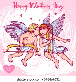 Vector hand drawn illustration of couple of cupids on the background with paper texture. Boy and girl, sketch. Linear art in vintage style for design.