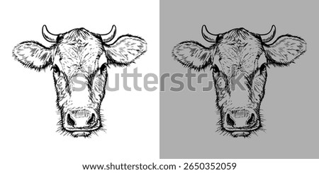 Vector hand drawn illustration. Cow head in black color.