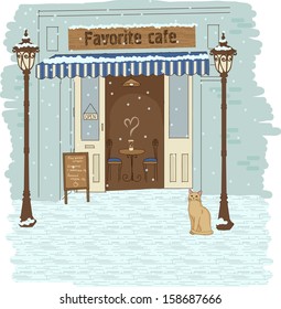 Vector hand drawn illustration of cozy cafe. Winter time