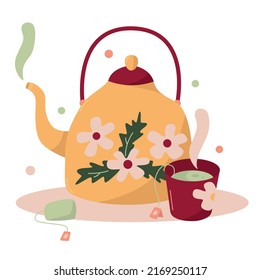 Ilustración dibujada a mano cálida camomila té caliente hervidor de agua y taza con té a base de hierbas Tiempo de té