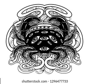Vector hand drawn illustration of crab with eyes and floral frame isolated. Surrealsitic tattoo artwork. Template for card, poster. banner, print for t-shirt, pin, badge, patch.