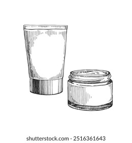 Ilustração desenhada à mão do vetor de cremes em frasco de vidro e tubo de plástico isolado no branco. Esboço de um produto cosmético de cuidados com a pele.