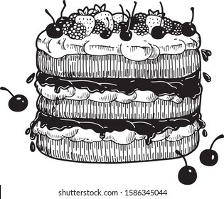 Vector hand drawn illustration of creamy cake with strawberry, raspberry and cherry. Engraving style, isolated on white background. For menu, restaurants, cafe, print design.