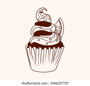 Vector hand drawn illustration with creamy muffin with orange